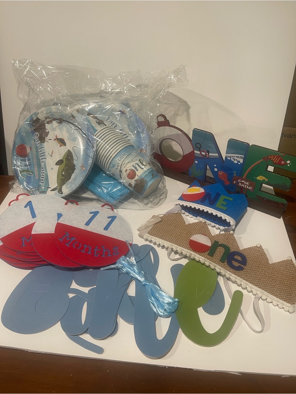 One First Birthday Party Supplies Set Blue Green o-fish-ally officially one